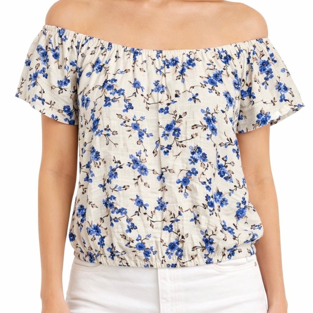 A New Day NWT Womens Off The Shoulder Floral Short Sleeve Blouse Cream Blue XL